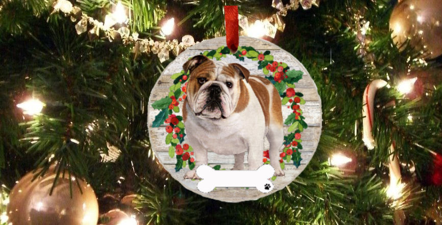 Bulldog Breed Ceramic Wreath Christmas Ornaments